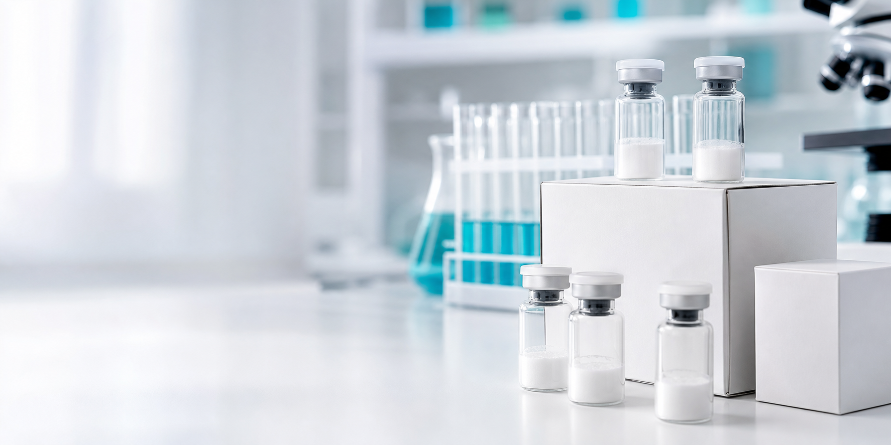 Lyophilized peptide vials and white cartons on a clean laboratory bench
